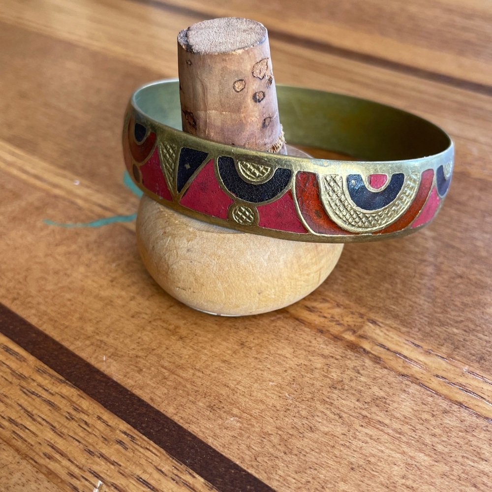 Vintage Brass Enamel Floral Bangle Bracelet